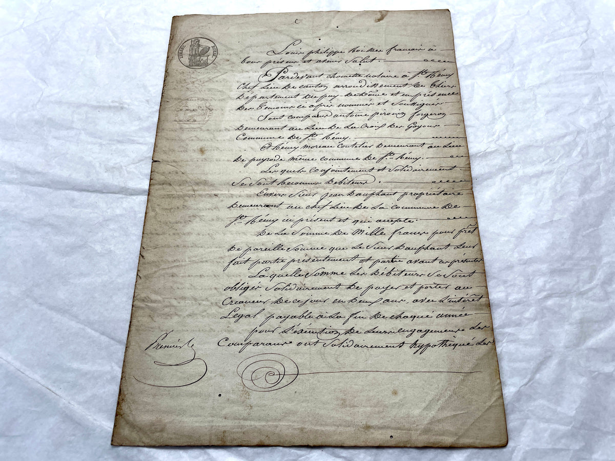 Mid 19th French Notarial Act document featuring ornate handwritten script and a clear royal fiscal stamp from the Louis Phili