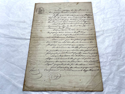 Mid 19th French Notarial Act document featuring ornate handwritten script and a clear royal fiscal stamp from the Louis Phili