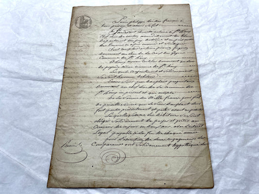 Mid 19th French Notarial Act document featuring ornate handwritten script and a clear royal fiscal stamp from the Louis Phili