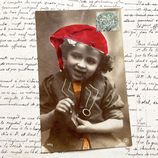 1910s - Vintage French Postcard - Charming Child Portrait - Red Bonnet - Hand-Colored Sepia Photograph - Antique Ephemera Collectible