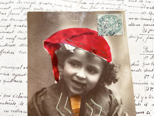 1910s - Vintage French Postcard - Charming Child Portrait - Red Bonnet - Hand-Colored Sepia Photograph - Antique Ephemera Collectible