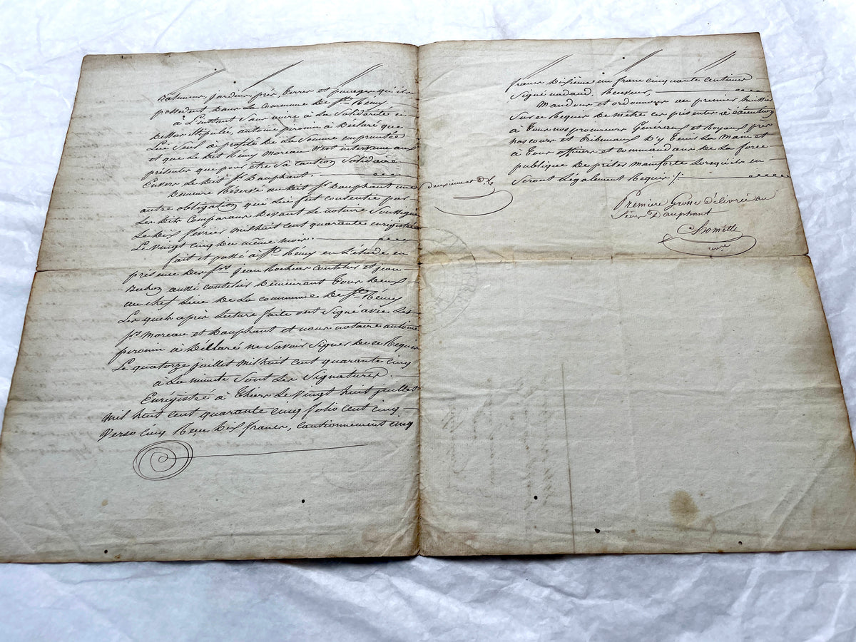 Mid 19th French Notarial Act document featuring ornate handwritten script and a clear royal fiscal stamp from the Louis Phili