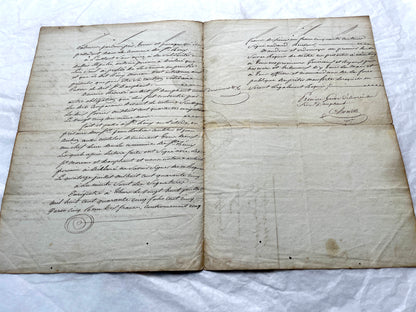 Mid 19th French Notarial Act document featuring ornate handwritten script and a clear royal fiscal stamp from the Louis Phili