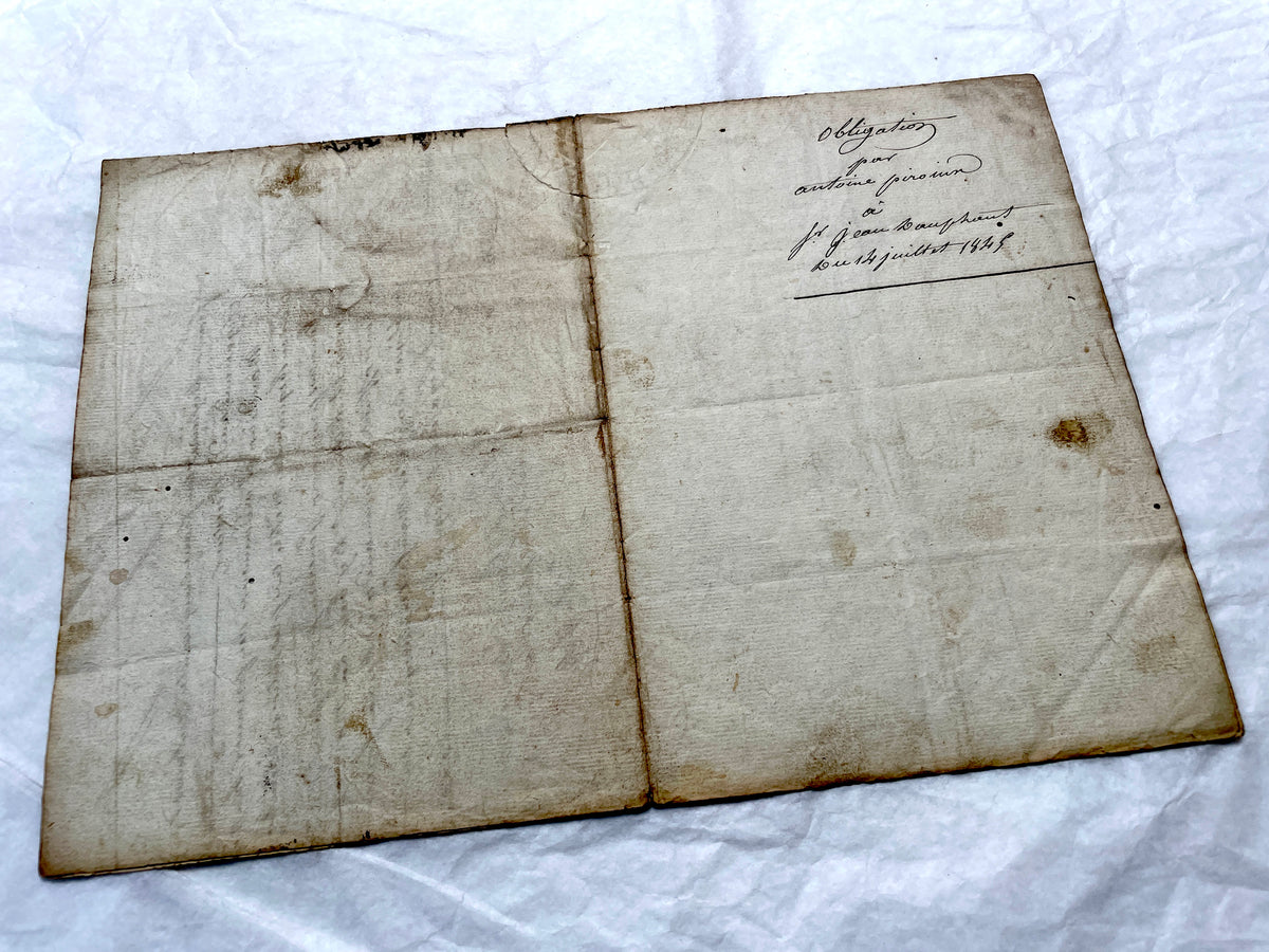 Mid 19th French Notarial Act document featuring ornate handwritten script and a clear royal fiscal stamp from the Louis Phili
