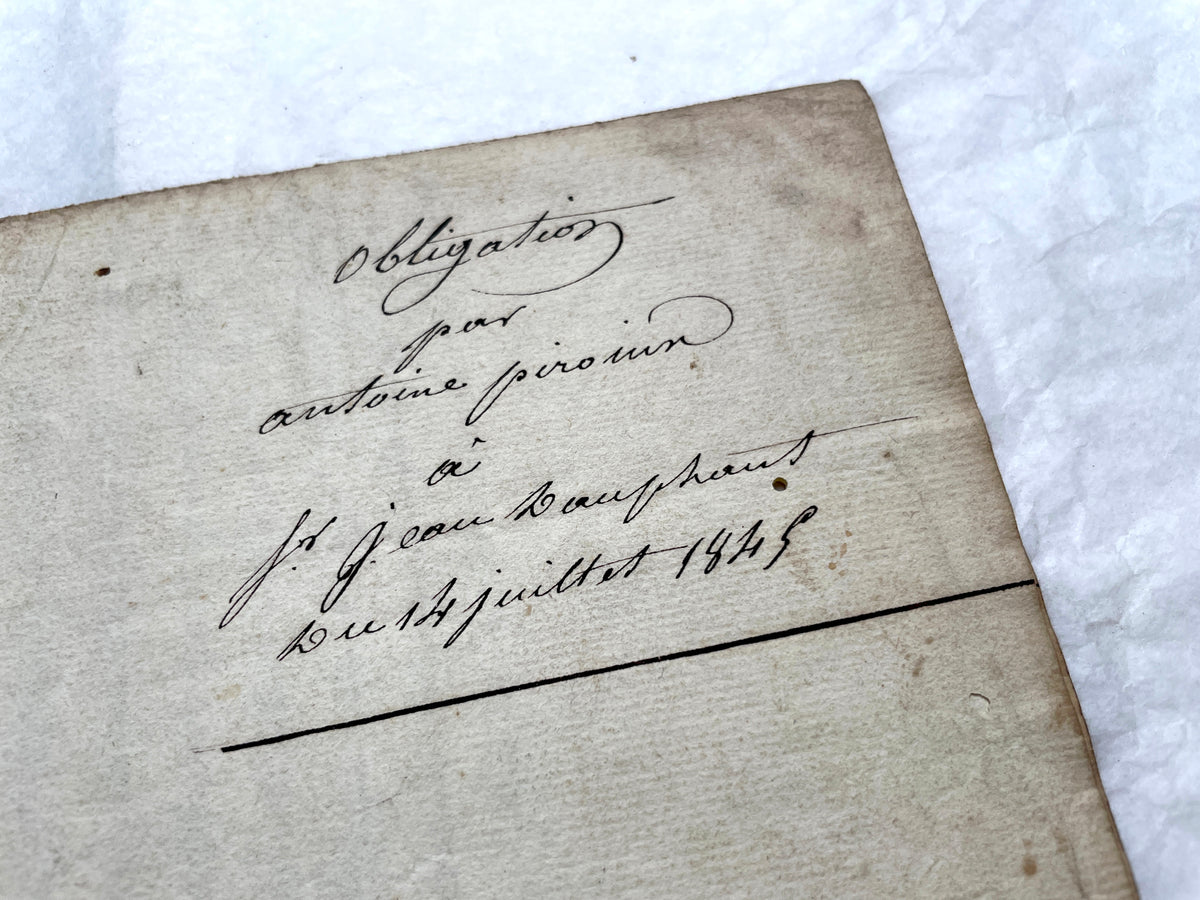 Mid 19th French Notarial Act document featuring ornate handwritten script and a clear royal fiscal stamp from the Louis Phili