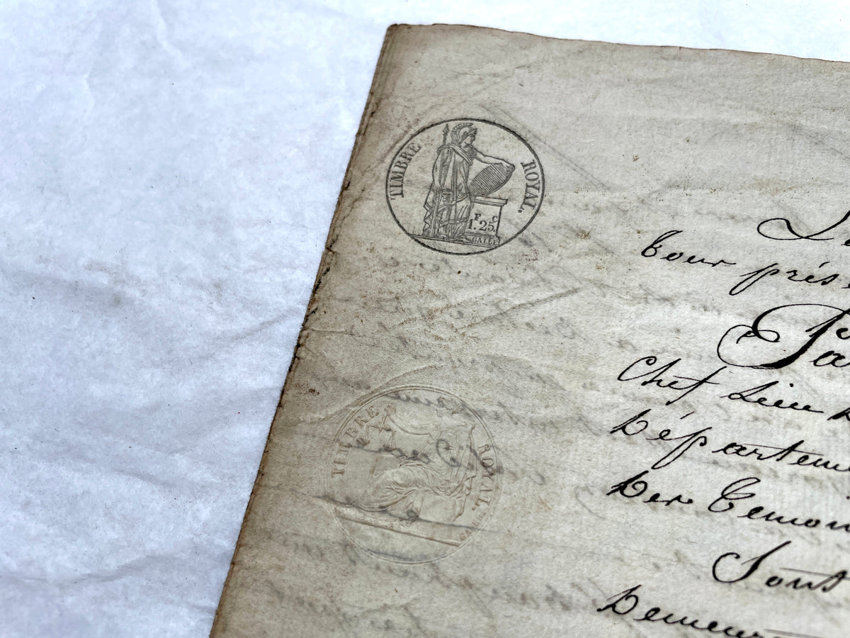 Mid 19th French Notarial Act document featuring ornate handwritten script and a clear royal fiscal stamp from the Louis Phili