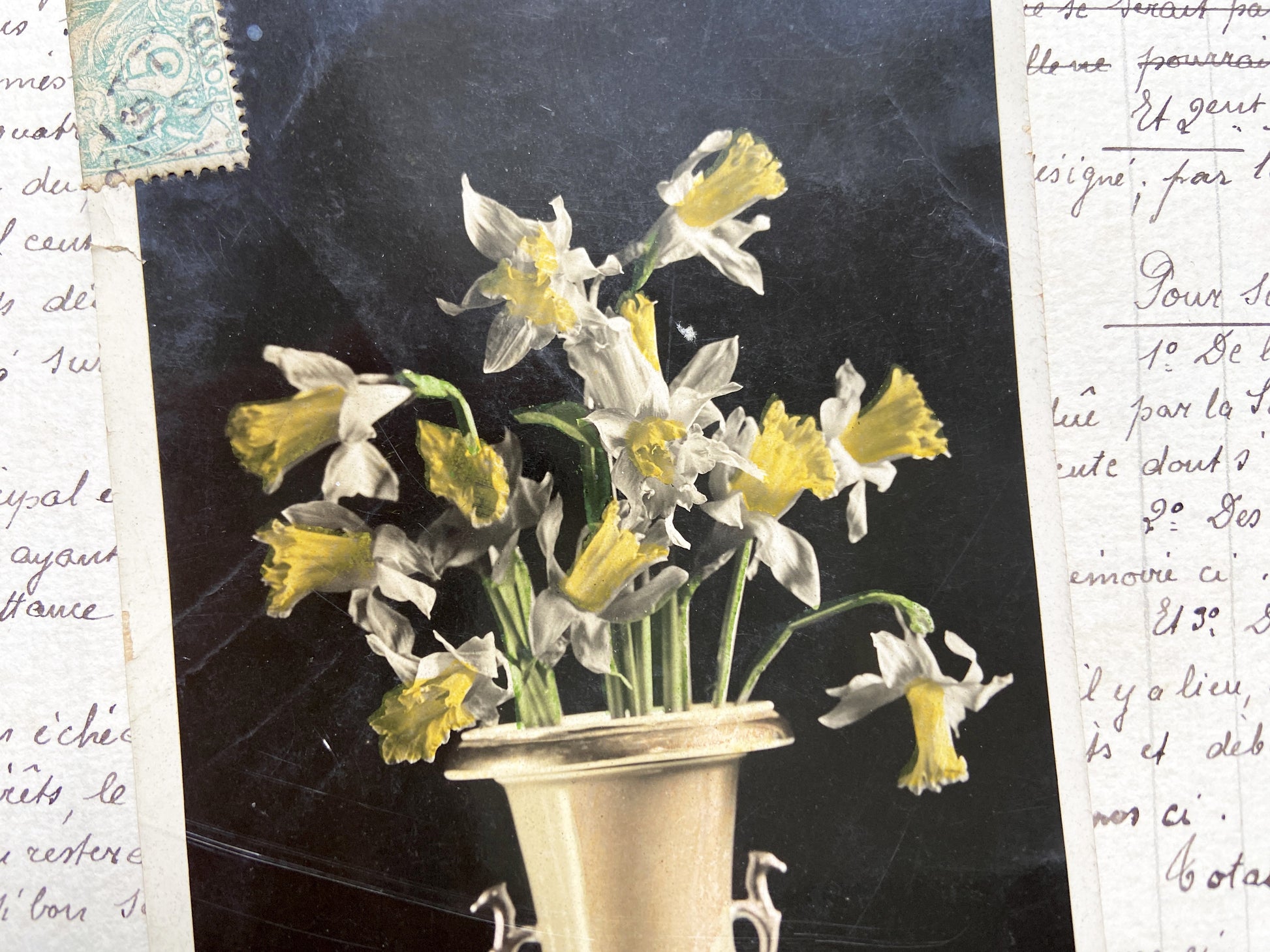 1910s - Vintage French Postcard - Daffodils Bouquet Vase - Floral Still Life - Photography - Collectible Flower Art