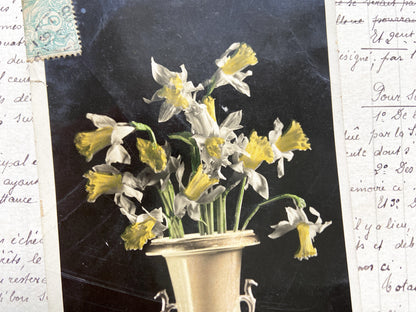 1910s - Vintage French Postcard - Daffodils Bouquet Vase - Floral Still Life - Photography - Collectible Flower Art