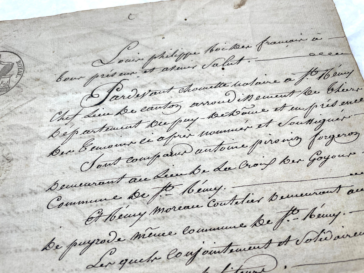 Mid 19th French Notarial Act document featuring ornate handwritten script and a clear royal fiscal stamp from the Louis Phili