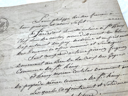 Mid 19th French Notarial Act document featuring ornate handwritten script and a clear royal fiscal stamp from the Louis Phili