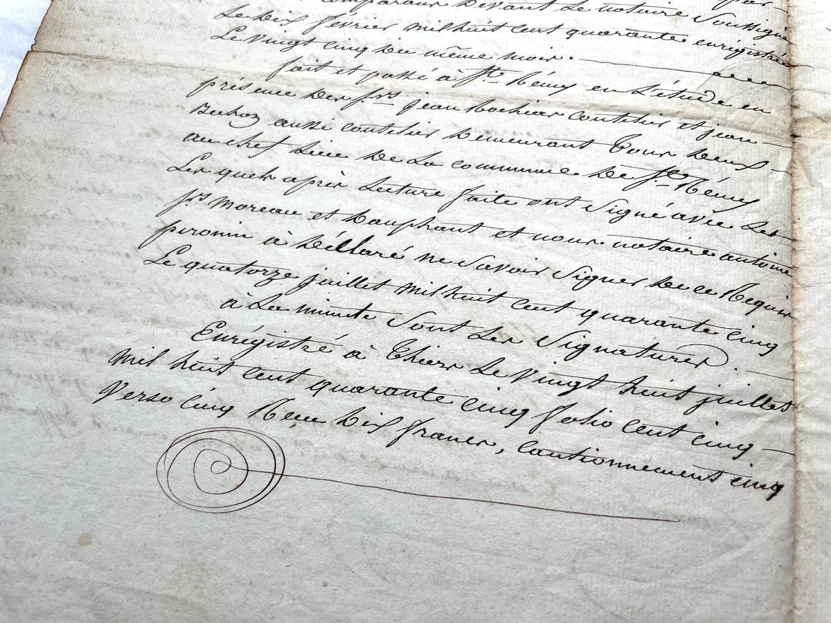 Mid 19th French Notarial Act document featuring ornate handwritten script and a clear royal fiscal stamp from the Louis Phili
