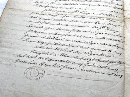 Mid 19th French Notarial Act document featuring ornate handwritten script and a clear royal fiscal stamp from the Louis Phili