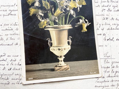 1910s - Vintage French Postcard - Daffodils Bouquet Vase - Floral Still Life - Photography - Collectible Flower Art