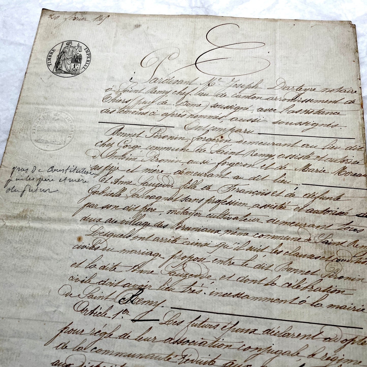 Mid 19th Century French Notarial Act - Handwritten legal document with an Imperial stamp, likely a marriage contract.