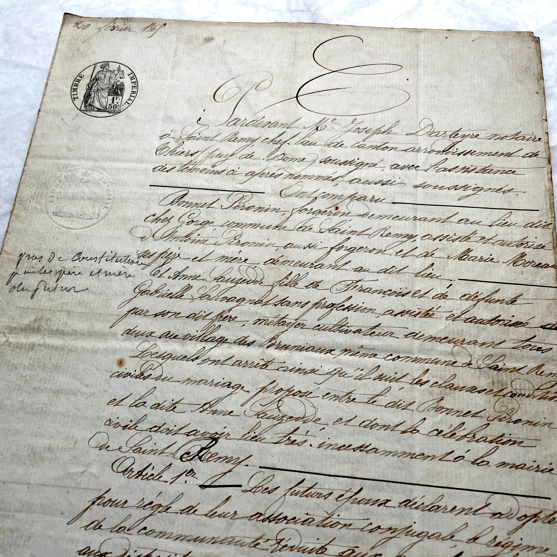 Mid 19th Century French Notarial Act - Handwritten legal document with an Imperial stamp, likely a marriage contract.