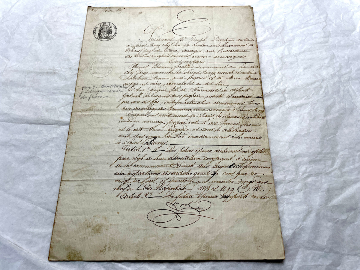 Mid 19th Century French Notarial Act - Handwritten legal document with an Imperial stamp, likely a marriage contract.