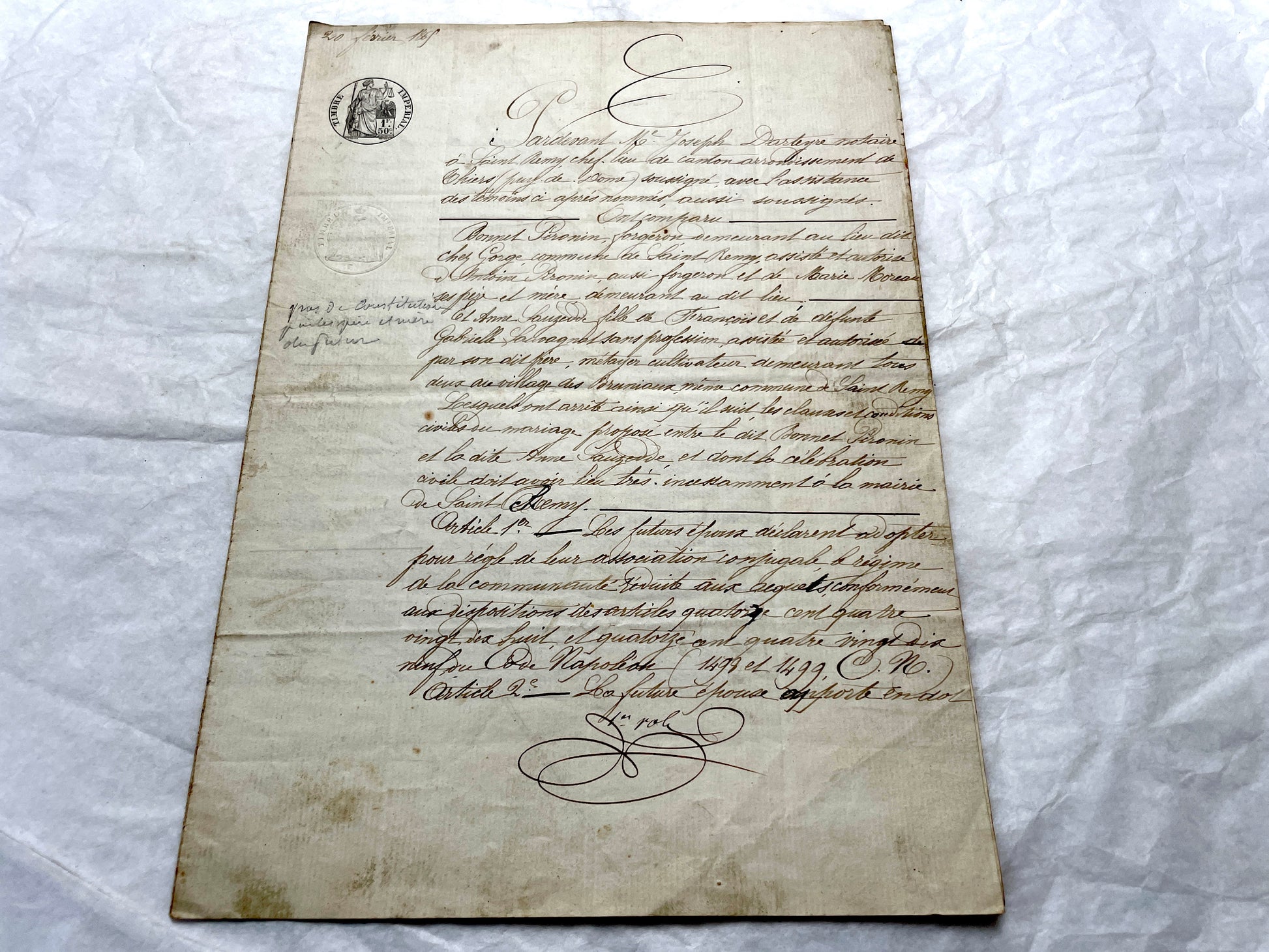 Mid 19th Century French Notarial Act - Handwritten legal document with an Imperial stamp, likely a marriage contract.