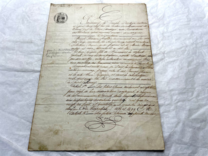 Mid 19th Century French Notarial Act - Handwritten legal document with an Imperial stamp, likely a marriage contract.