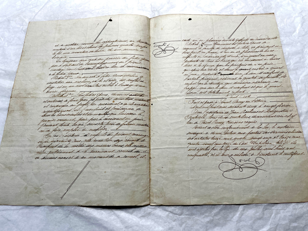 Mid 19th Century French Notarial Act - Handwritten legal document with an Imperial stamp, likely a marriage contract.