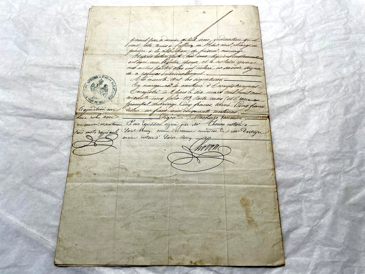 Mid 19th Century French Notarial Act - Handwritten legal document with an Imperial stamp, likely a marriage contract.