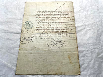 Mid 19th Century French Notarial Act - Handwritten legal document with an Imperial stamp, likely a marriage contract.