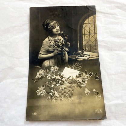 1910s - Vintage Sepia Photo Postcard - Elegant Young Woman with Flowers - Romantic Era Portrait - Antique Black White Art Print