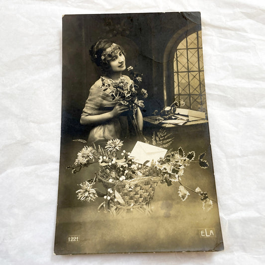 1910s - Vintage Sepia Photo Postcard - Elegant Young Woman with Flowers - Romantic Era Portrait - Antique Black White Art Print