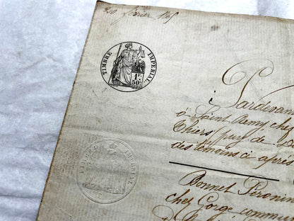 Mid 19th Century French Notarial Act - Handwritten legal document with an Imperial stamp, likely a marriage contract.
