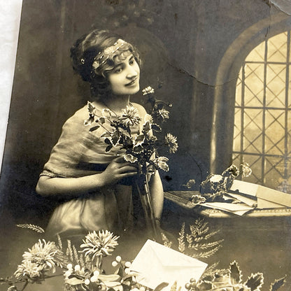 1910s - Vintage Sepia Photo Postcard - Elegant Young Woman with Flowers - Romantic Era Portrait - Antique Black White Art Print