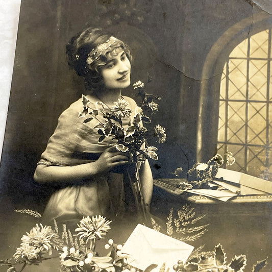 1910s - Vintage Sepia Photo Postcard - Elegant Young Woman with Flowers - Romantic Era Portrait - Antique Black White Art Print