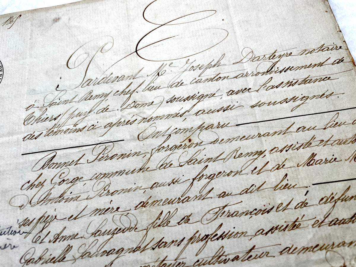 Mid 19th Century French Notarial Act - Handwritten legal document with an Imperial stamp, likely a marriage contract.