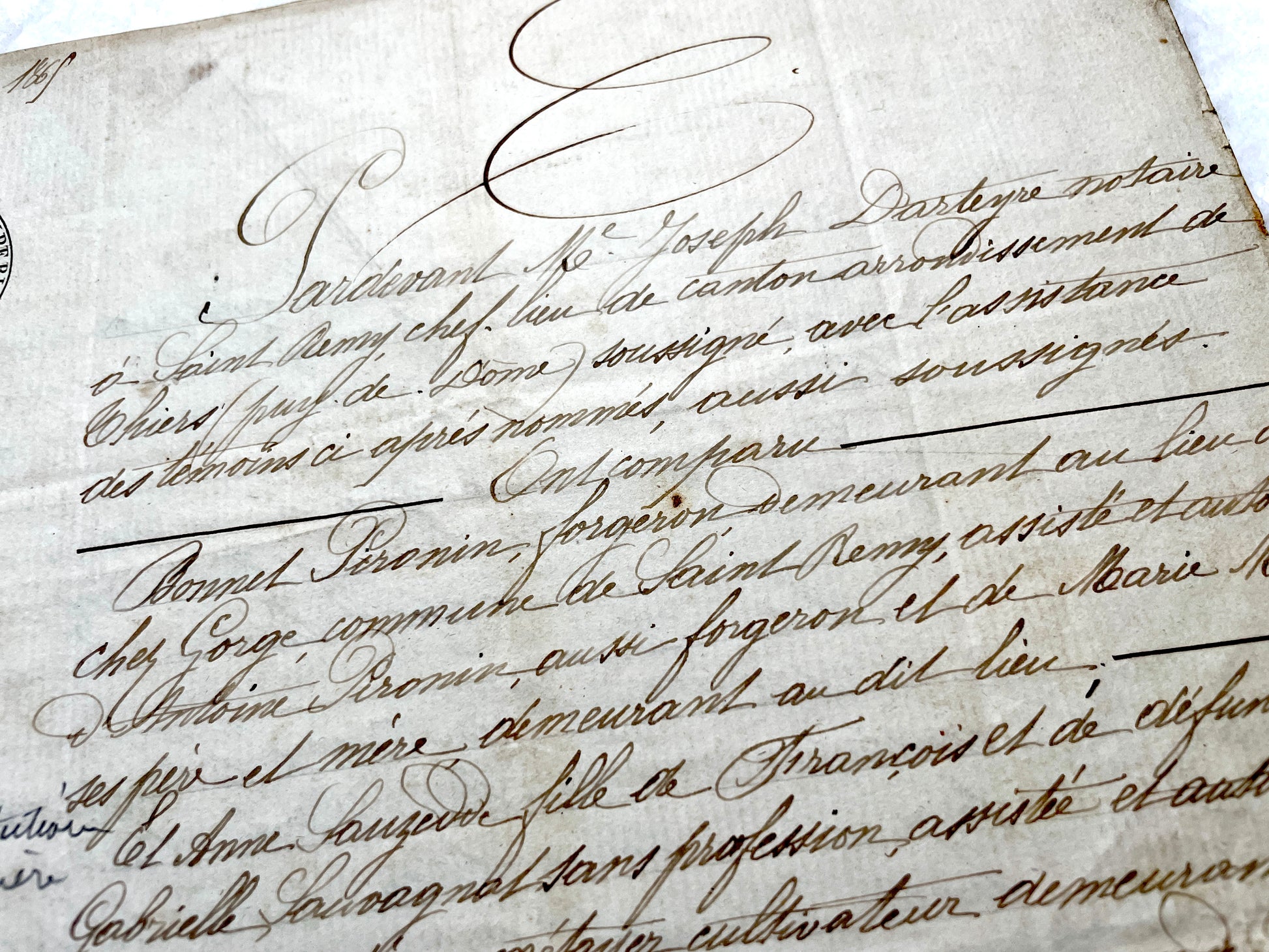 Mid 19th Century French Notarial Act - Handwritten legal document with an Imperial stamp, likely a marriage contract.