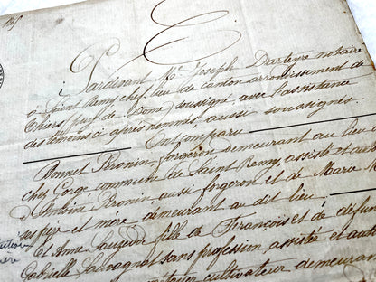 Mid 19th Century French Notarial Act - Handwritten legal document with an Imperial stamp, likely a marriage contract.