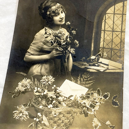 1910s - Vintage Sepia Photo Postcard - Elegant Young Woman with Flowers - Romantic Era Portrait - Antique Black White Art Print