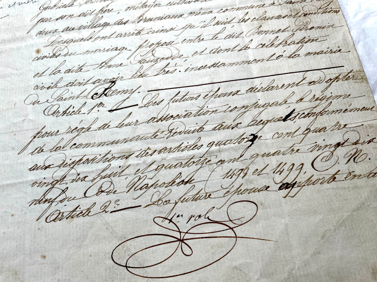 Mid 19th Century French Notarial Act - Handwritten legal document with an Imperial stamp, likely a marriage contract.
