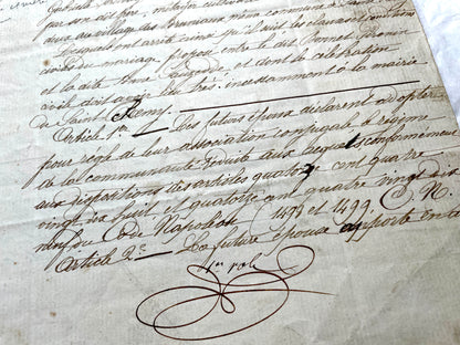 Mid 19th Century French Notarial Act - Handwritten legal document with an Imperial stamp, likely a marriage contract.
