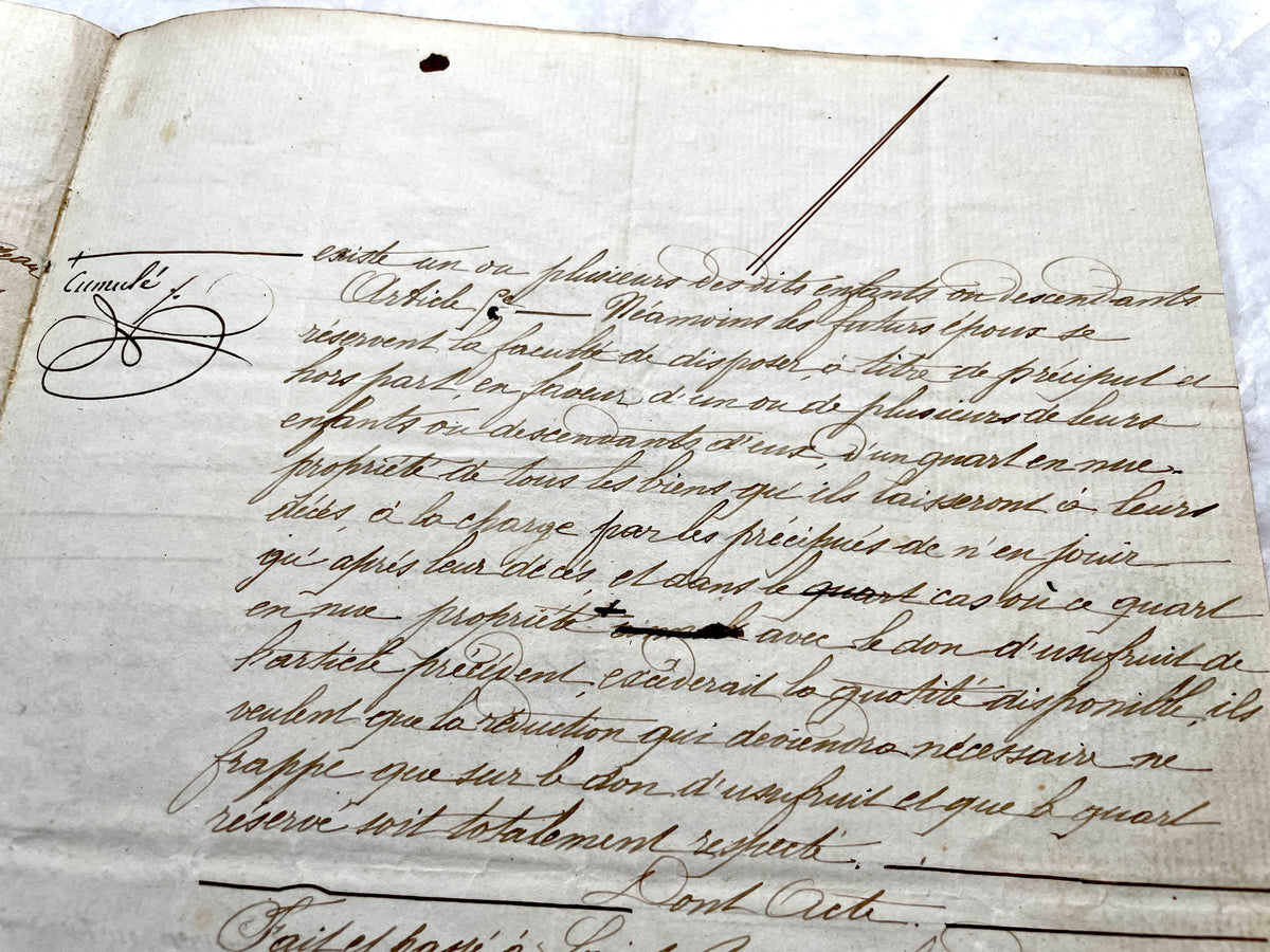 Mid 19th Century French Notarial Act - Handwritten legal document with an Imperial stamp, likely a marriage contract.