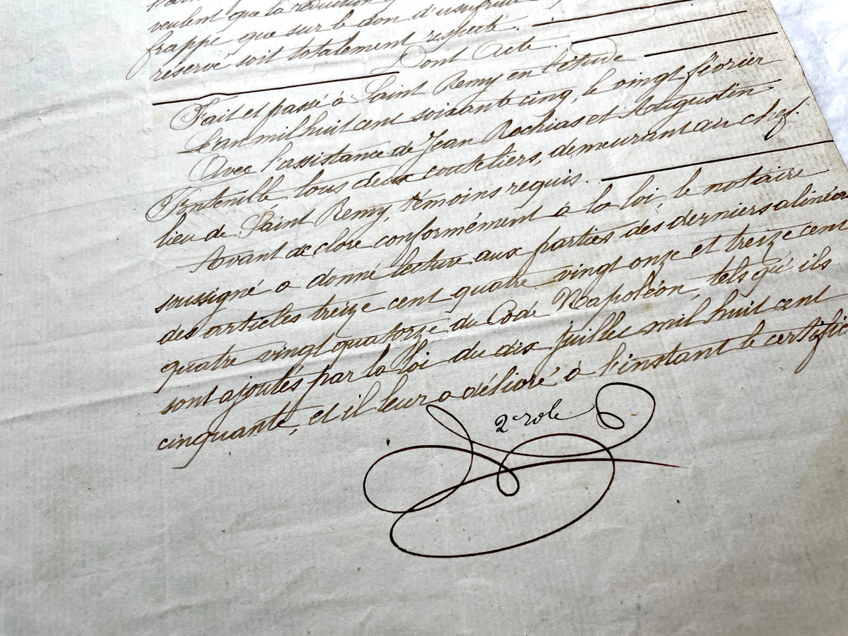 Mid 19th Century French Notarial Act - Handwritten legal document with an Imperial stamp, likely a marriage contract.
