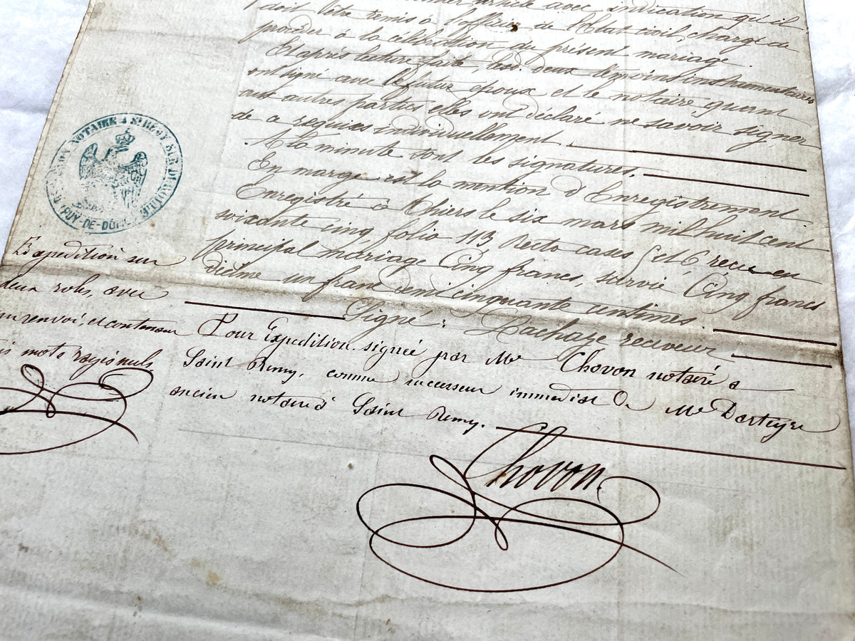 Mid 19th Century French Notarial Act - Handwritten legal document with an Imperial stamp, likely a marriage contract.