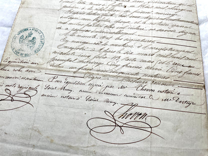 Mid 19th Century French Notarial Act - Handwritten legal document with an Imperial stamp, likely a marriage contract.