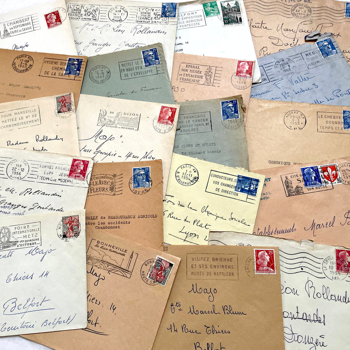 1950s French Envelopes lot with vintage stamps, handwritten addresses, and various city postmarks.