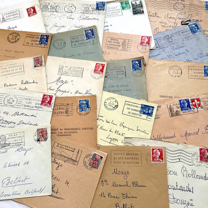 1950s French Envelopes lot with vintage stamps, handwritten addresses, and various city postmarks.