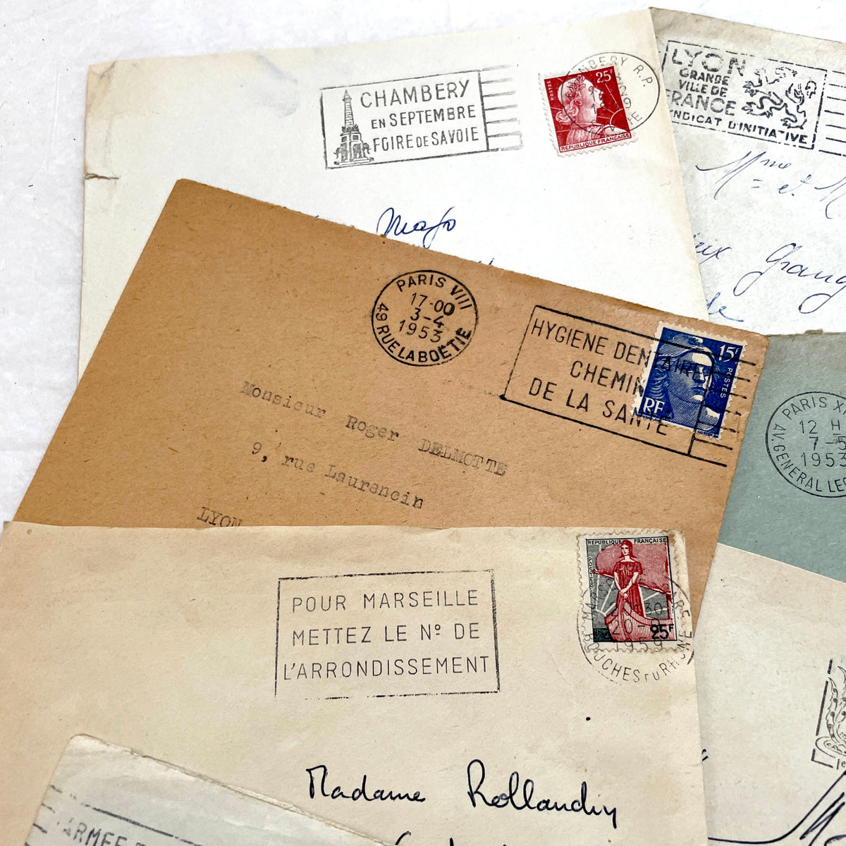 1950s French Envelopes lot with vintage stamps, handwritten addresses, and various city postmarks.