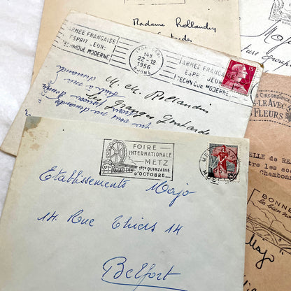 1950s French Envelopes lot with vintage stamps, handwritten addresses, and various city postmarks.