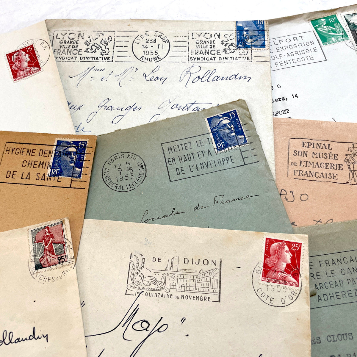 1950s French Envelopes lot with vintage stamps, handwritten addresses, and various city postmarks.