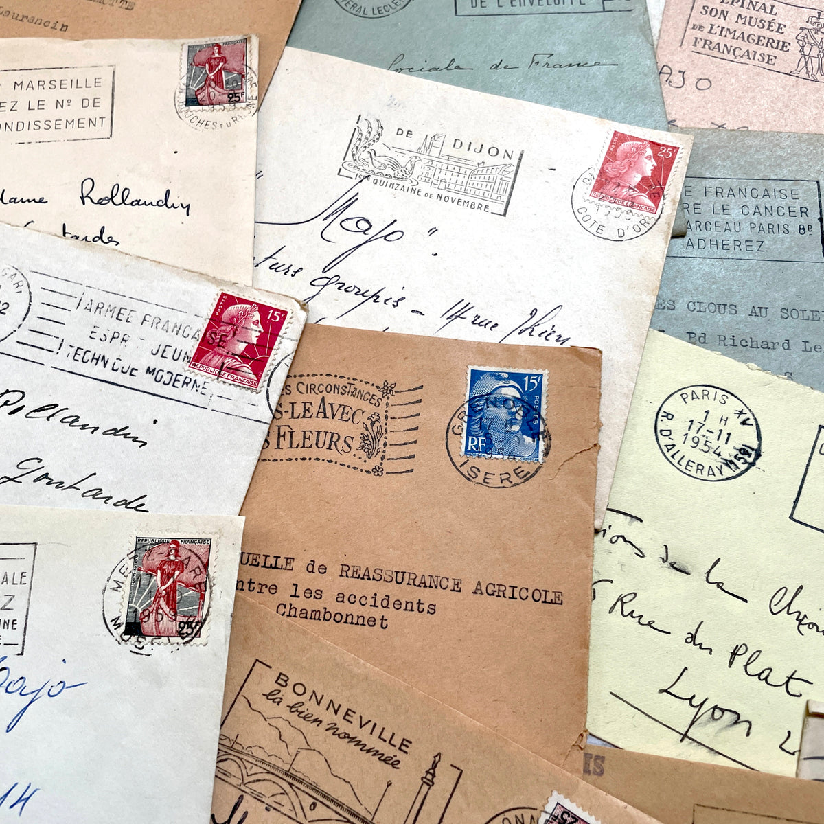1950s French Envelopes lot with vintage stamps, handwritten addresses, and various city postmarks.