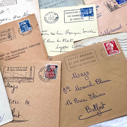 1950s French Envelopes lot with vintage stamps, handwritten addresses, and various city postmarks.