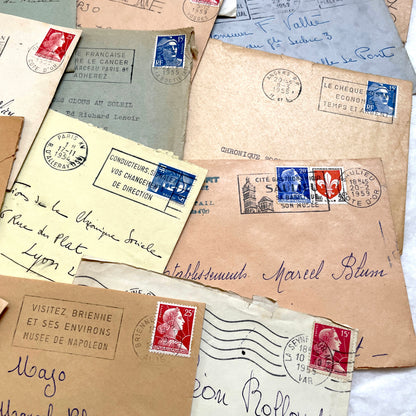 1950s French Envelopes lot with vintage stamps, handwritten addresses, and various city postmarks.