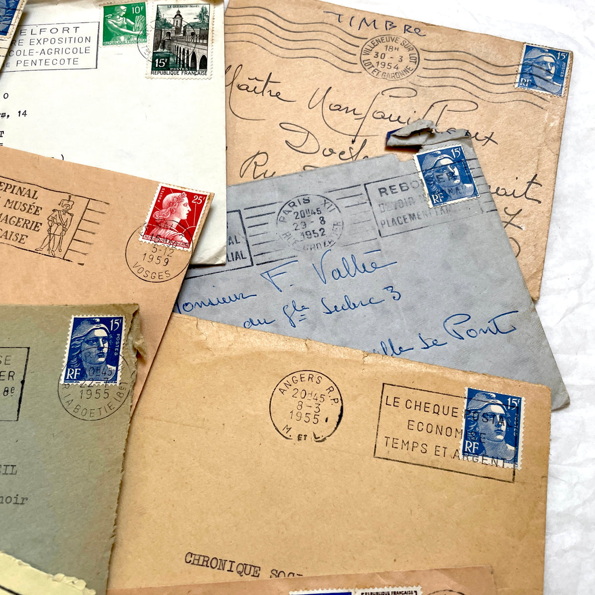1950s French Envelopes lot with vintage stamps, handwritten addresses, and various city postmarks.
