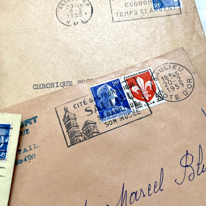 1950s French Envelopes lot with vintage stamps, handwritten addresses, and various city postmarks.